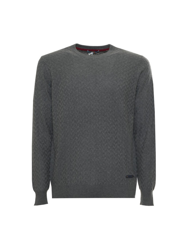 Grauer Strickpullover mit rotem Detail Grauer Strickpullover mit rotem Detail