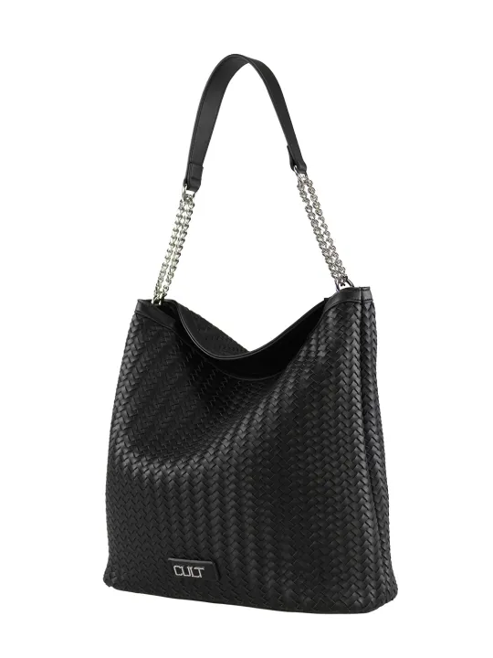 Schwarze geflochtene Leder Schultertasche