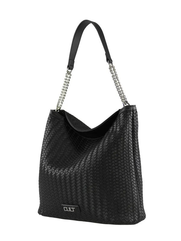 Schwarze geflochtene Leder Schultertasche