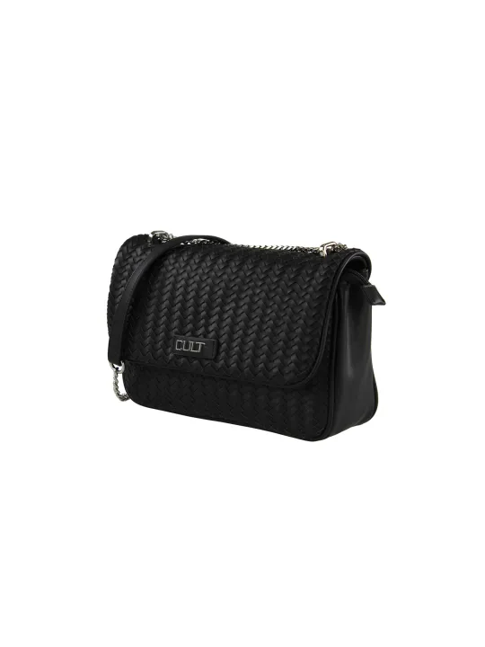 Schwarze geflochtene Leder Schultertasche Cult