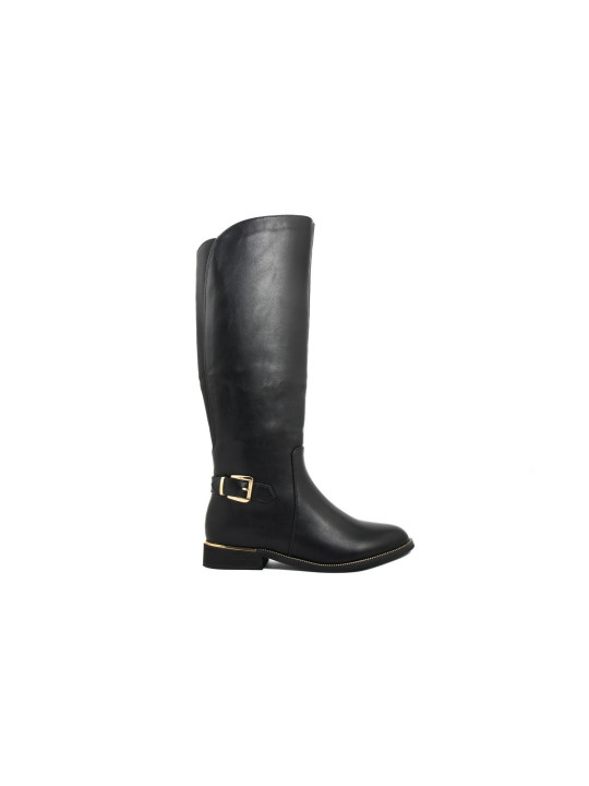 Schwarzer Damenstiefel mit goldener Schnalle