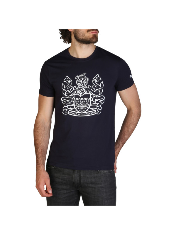 Blaues T-Shirt mit Wappenaufdruck Blaues T-Shirt mit Wappenaufdruck