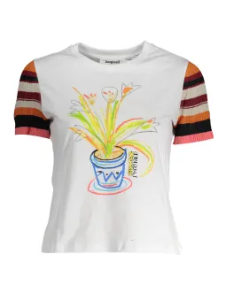 "Desigual Damen T-Shirt – Weiß, Kontrastdetails, Logo-Print"