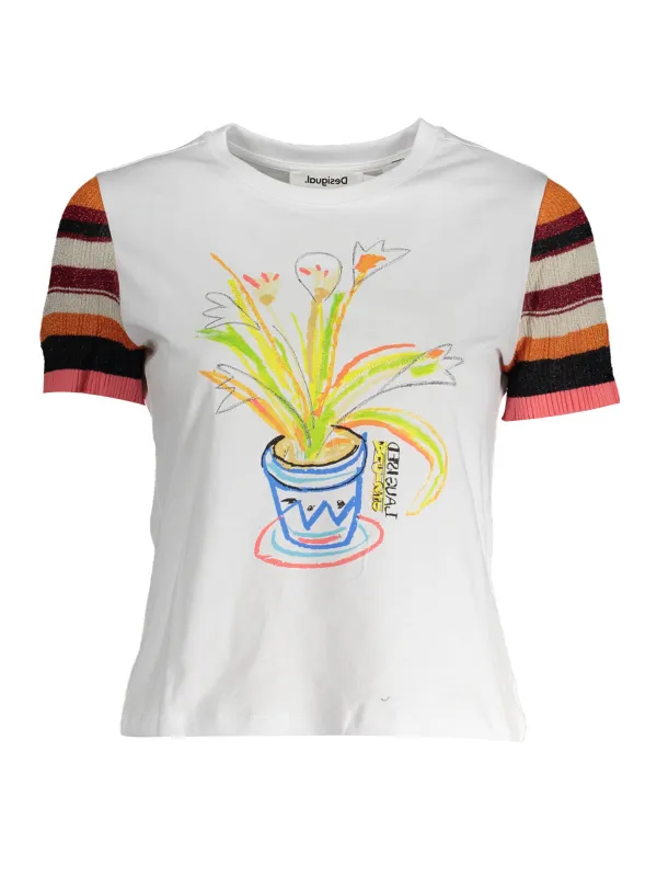 "Desigual Damen T-Shirt – Weiß, Kontrastdetails, Logo-Print"
