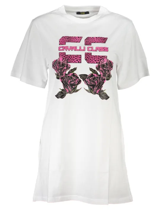 "Cavalli Class Kleider im Sale | Cavalli Class Weißes Rundhals-Kleid mit Logo Print online kaufen"|Planet-Deluxe