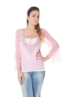 "Pailletten Logo V-Ausschnitt T-Shirt in Rosa Phard"