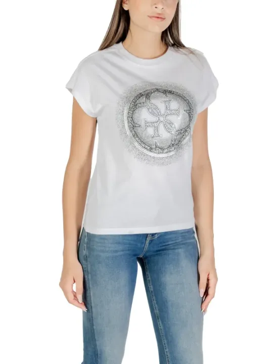 "Guess T-Shirts im Sale | Guess Damen T-Shirt 488190 - Weiß mit Print, Kurzarm, Rundhals, 100% Baumwolle - Herbst/Winter Kollektion online kaufen"|Planet-Deluxe