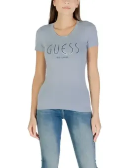Guess Damen T-Shirt Azurblau mit Print, Kurzarm, Herbst/Winter