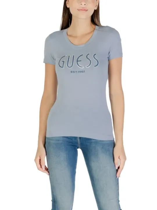 "Guess T-Shirts im Sale | Guess Damen T-Shirt 488188 - Azurblau mit Print, Kurzarm, Rundhalsausschnitt - Herbst/Winter Kollektion online kaufen"|Planet-Deluxe