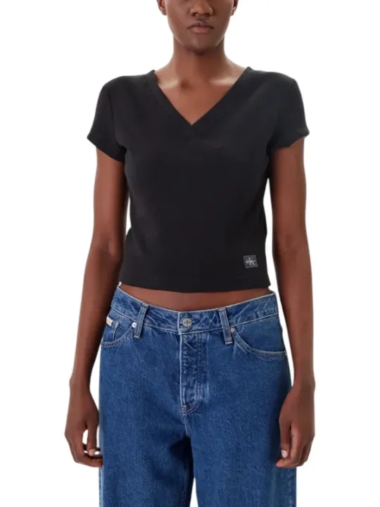"Calvin Klein Jeans T-Shirts im Sale | Calvin Klein Damen Herbst V-Shirt Schwarz online kaufen"|Planet-Deluxe