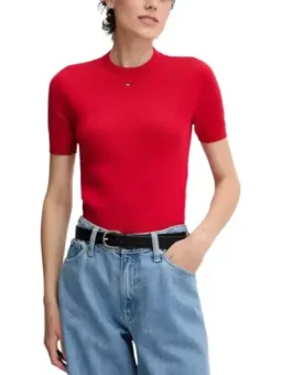 Tommy Hilfiger Damen Bio Baumwolle T-Shirt Rot Kurzarm