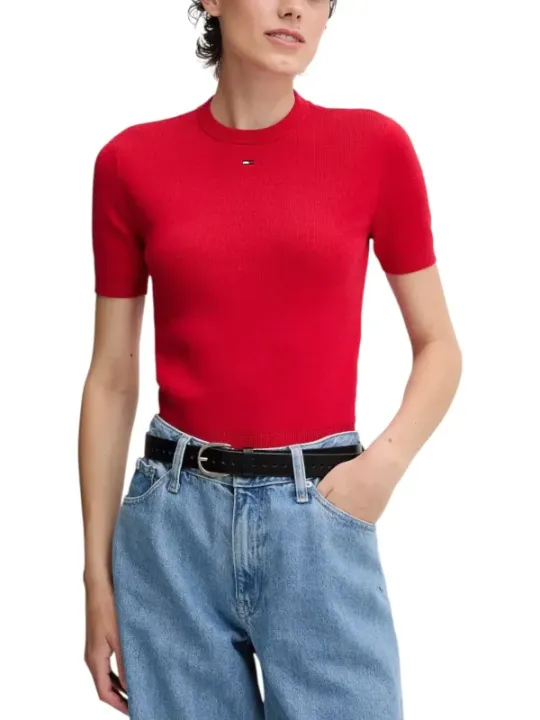 "Tommy Hilfiger Jeans T-Shirts im Sale | Tommy Hilfiger Damen Bio Baumwolle TShirt Rot Kurzarm online kaufen"|Planet-Deluxe