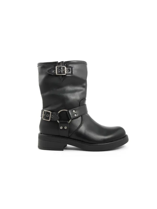 Schwarze Lederstiefel mit Schnallenriemen