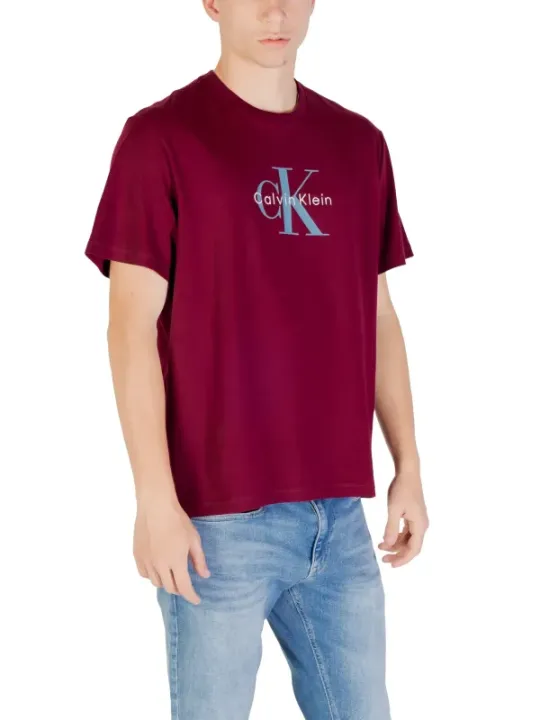 "Calvin Klein Jeans T-Shirts im Sale | Calvin Klein Herren Bordeaux Druck TShirt Herbst Winter online kaufen"|Planet-Deluxe