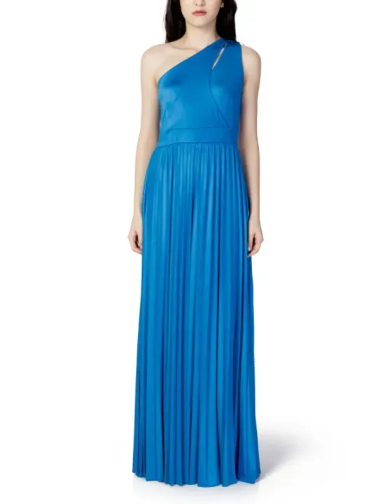 Blaues Satin-Abendkleid mit Falten