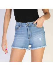 Distressed hellblaue Damen-Denimshorts mit Fransen