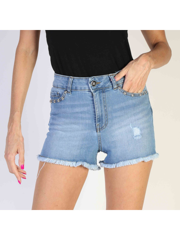 Distressed hellblaue Damen-Denimshorts mit Fransen