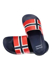 Pantoletten Norway Blau mit Logo und Kontrastdetails