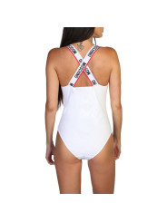 Weißer Moschino Damen-Badeanzug mit Rücken.