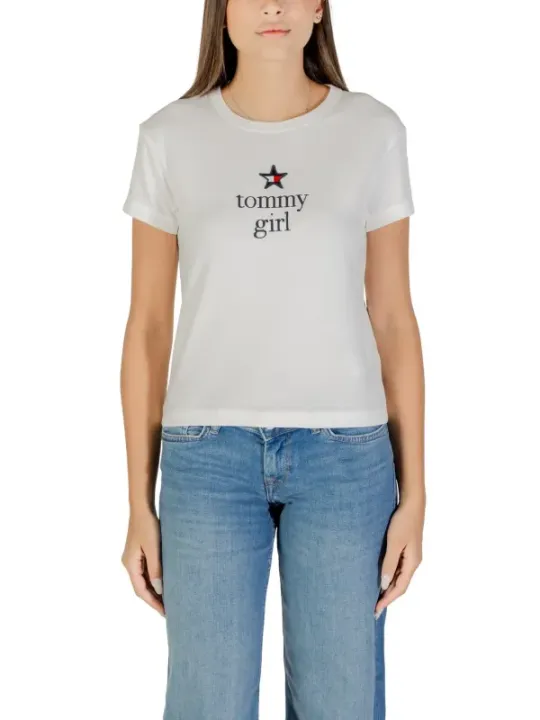 "Tommy Hilfiger Jeans T-Shirts im Sale | Tommy Hilfiger Damen Bio-Baumwoll T-Shirt Weiß Herbst/Winter online kaufen"|Planet-Deluxe