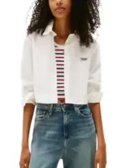 "Tommy Hilfiger Jeans Hemden im Sale | Tommy Hilfiger Jeans Damen Herbst/Winter Hemd in Weiß - Langarm, Bio-Baumwolle - Artikelcode: DW0DW21400 online kaufen"|Planet-Deluxe