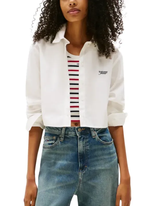 "Tommy Hilfiger Jeans Hemden im Sale | Tommy Hilfiger Jeans Damen Herbst/Winter Hemd in Weiß - Langarm, Bio-Baumwolle - Artikelcode: DW0DW21400 online kaufen"|Planet-Deluxe