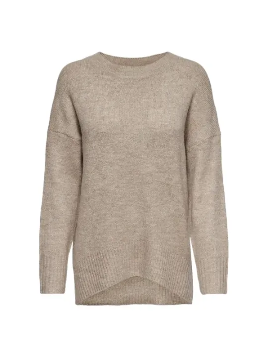 Leichter beiger Strickpullover mit Rundhals.
