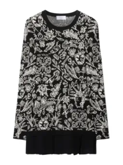 "Off-White Damenkleid EBO_2127: Schwarz, Print, Langarm"