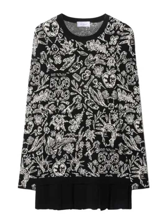 "Off-White Kleider im Sale | Off-White Damenkleid Schwarz mit Print - Langärmliges Herbst/Winter Kleid mit Rundhalsausschnitt | Artikelcode: EBO_2127 online kaufen"|Planet-Deluxe