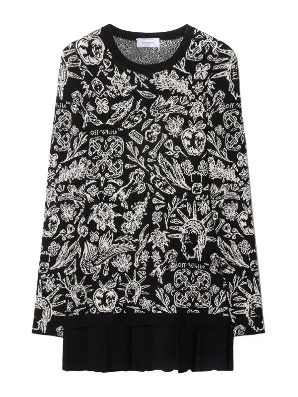 "Off-White Kleider im Sale | Off-White Damenkleid Schwarz mit Print - Langärmliges Herbst/Winter Kleid mit Rundhalsausschnitt | Artikelcode: EBO_2127 online kaufen"|Planet-Deluxe