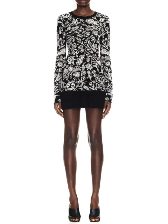 "Off-White Kleider im Sale | Off-White Damenkleid Schwarz mit Print - Langärmliges Herbst/Winter Kleid mit Rundhalsausschnitt | Artikelcode: EBO_2127 online kaufen"|Planet-Deluxe