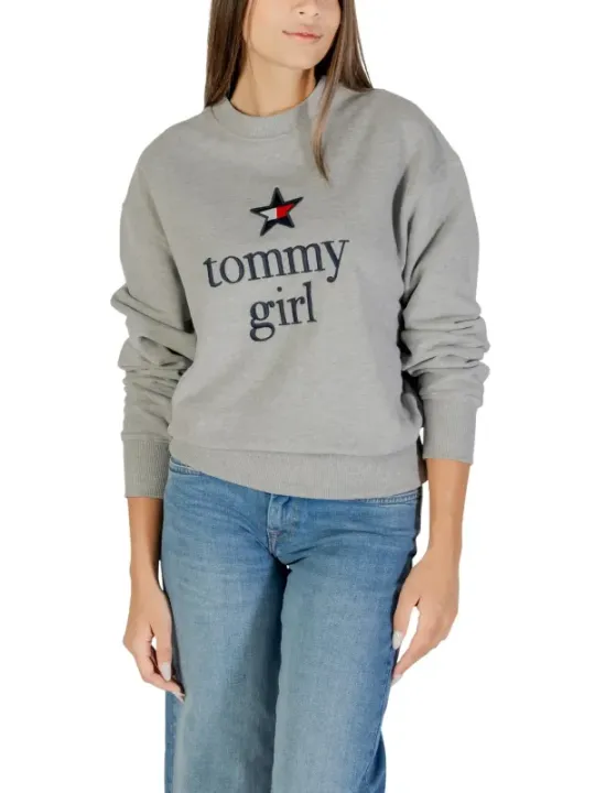 "Tommy Hilfiger Jeans Sweatshirts im Sale | Tommy Hilfiger Jeans Damen Fleece Pullover in Grau mit Druck – Bio-Baumwolle, Herbst/Winter Kollektion online kaufen"|Planet-Deluxe