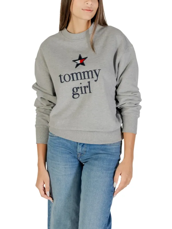 "Tommy Hilfiger Jeans Sweatshirts im Sale | Tommy Hilfiger Jeans Damen Fleece Pullover in Grau mit Druck – Bio-Baumwolle, Herbst/Winter Kollektion online kaufen"|Planet-Deluxe