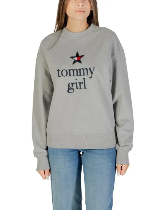 "Tommy Hilfiger Jeans Sweatshirts im Sale | Tommy Hilfiger Jeans Damen Fleece Pullover in Grau mit Druck – Bio-Baumwolle, Herbst/Winter Kollektion online kaufen"|Planet-Deluxe