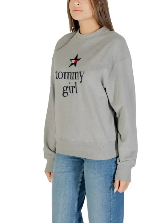 "Tommy Hilfiger Jeans Sweatshirts im Sale | Tommy Hilfiger Jeans Damen Fleece Pullover in Grau mit Druck – Bio-Baumwolle, Herbst/Winter Kollektion online kaufen"|Planet-Deluxe