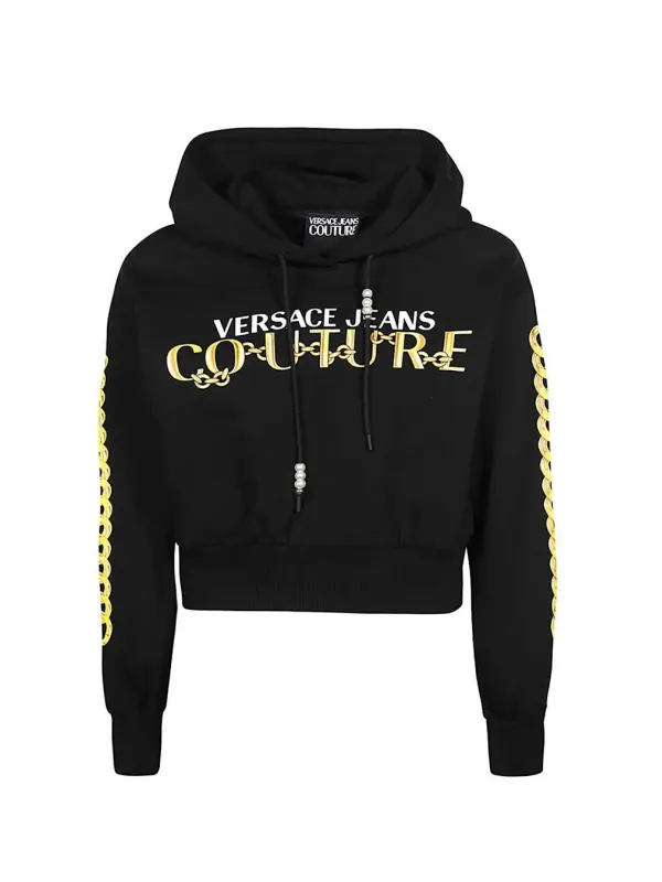 "Versace Jeans Couture Sweatshirts im Sale | Versace Jeans Couture Damen Hoodie Fleece Schwarz mit Druckmuster - Herbst/Winter Kollektion 100% Baumwolle online kaufen"|Planet-Deluxe