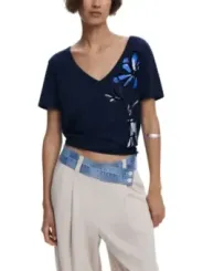 "Desigual T-Shirts im Sale | Desigual Damen TShirt Blau Druck V-Ausschnitt Herbst Winter online kaufen"|Planet-Deluxe