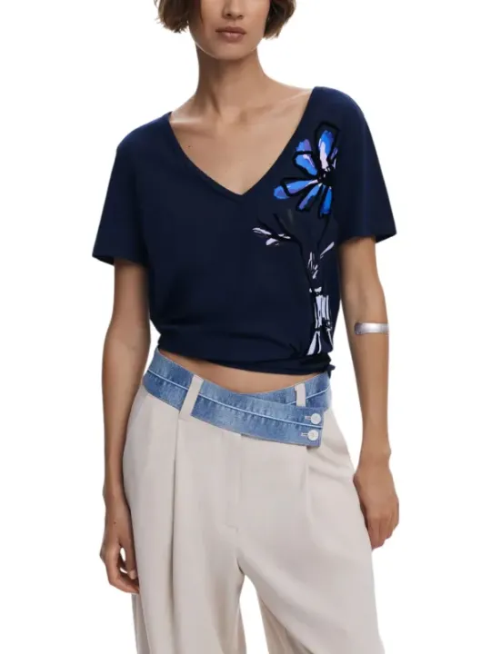 "Desigual T-Shirts im Sale | Desigual Damen TShirt Blau Druck V-Ausschnitt Herbst Winter online kaufen"|Planet-Deluxe