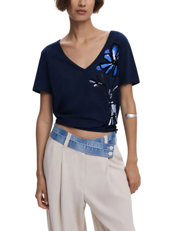 "Desigual T-Shirts im Sale | Desigual Damen TShirt Blau Druck V-Ausschnitt Herbst Winter online kaufen"|Planet-Deluxe