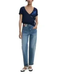 "Desigual T-Shirts im Sale | Desigual Damen TShirt Blau Druck V-Ausschnitt Herbst Winter online kaufen"|Planet-Deluxe
