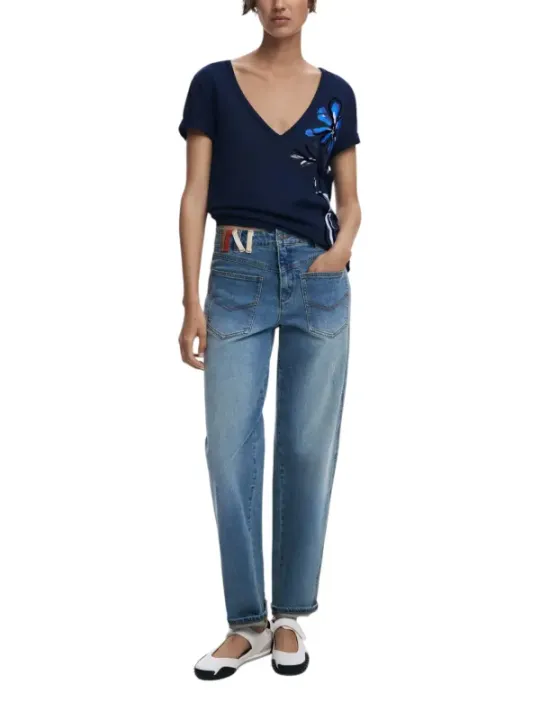 "Desigual T-Shirts im Sale | Desigual Damen TShirt Blau Druck V-Ausschnitt Herbst Winter online kaufen"|Planet-Deluxe