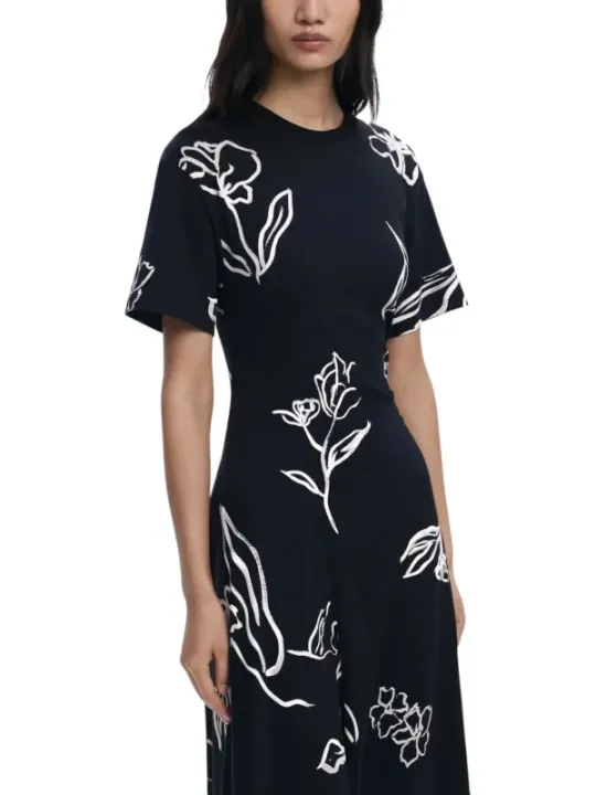 "Desigual Kleider im Sale | Desigual Damenkleid - Florales Herbst/Winter-Kleid in Schwarz mit Rundhalsausschnitt und kurzen Ärmeln - Artikelcode: 25WWVK44 online kaufen"|Planet-Deluxe