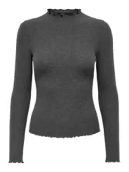 Grauer gerippter Pullover mit Rüschensaum