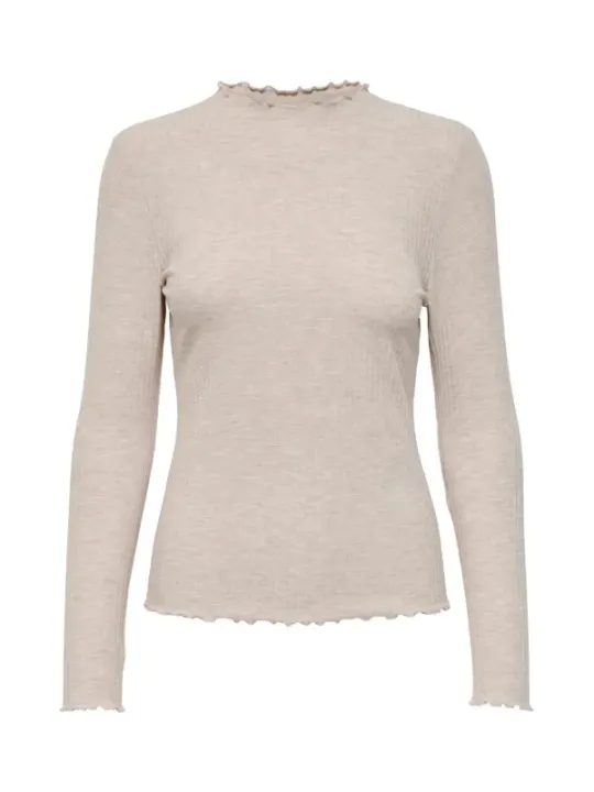 Geripptes Langarm-Rollkragenoberteil Beige