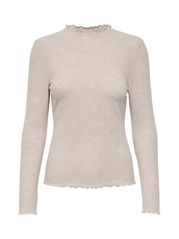 Geripptes Langarm-Rollkragenoberteil Beige Geripptes Langarm-Rollkragenoberteil Beige