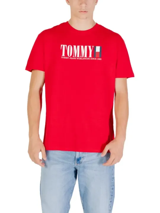 "Tommy Hilfiger Jeans T-Shirts im Sale | Tommy Hilfiger Herbst Rot TShirt Herren Bio Baumwolle online kaufen"|Planet-Deluxe