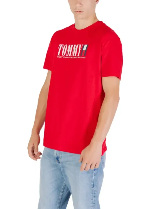"Tommy Hilfiger Jeans T-Shirts im Sale | Tommy Hilfiger Herbst Rot TShirt Herren Bio Baumwolle online kaufen"|Planet-Deluxe