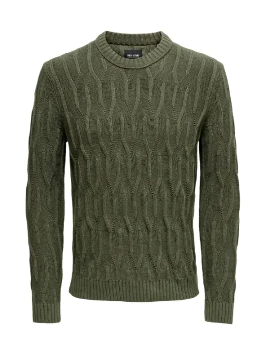 Grüner Strickpullover mit Zopfmuster