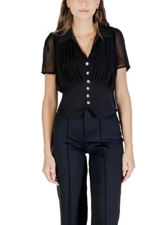 "Morgan De Toi Blusen im Sale | Morgan De Toi Damen Herbst/Winter Bluse mit V-Ausschnitt in Schwarz – Klassischer Stil, Kurzarm, 100% Polyester online kaufen"|Planet-Deluxe