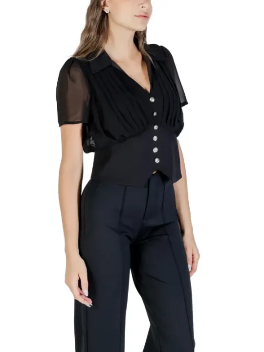 "Morgan De Toi Blusen im Sale | Morgan De Toi Damen Herbst/Winter Bluse mit V-Ausschnitt in Schwarz – Klassischer Stil, Kurzarm, 100% Polyester online kaufen"|Planet-Deluxe